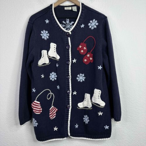 Vintage Cherokee Sweater Women's 14W/16W Blue Winter Crochet Applique Cardigan