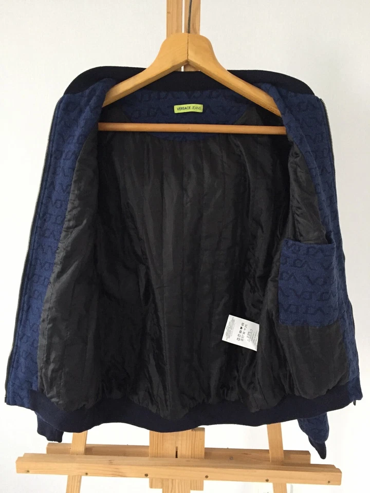 VERSACE JEANS Bomber Jacket Size 50 / L Wool Jacket Blue Monogram Full Zip - Image 3 of 4