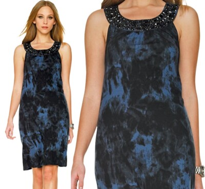 Michael Kors Tie Dye Washed Indigo Jersey Embellished Easy Dress M