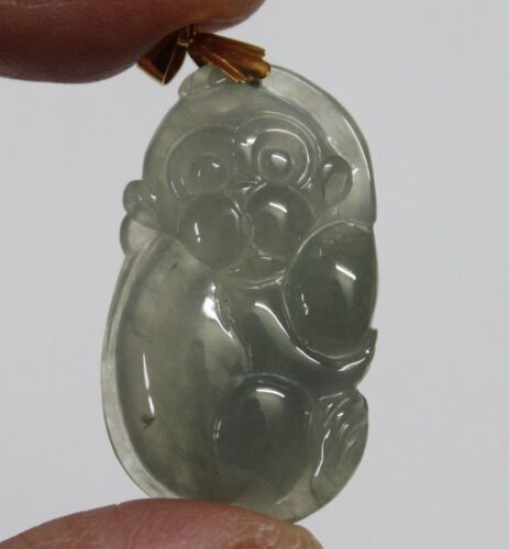 Certified Natural Grade A Icy Oily Green Jadeite Jade Monkey Pendant RARE - Picture 1 of 12