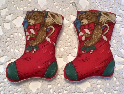Christmas Stocking/Teddy Bear Cloth Stuffed Ornaments Vintage Handmade Pair 