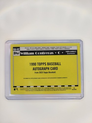 2025 Topps Series 2 WILLIAM CONTRERAS 1990 AUTO Autograph On Card Brewers - Picture 2 of 2