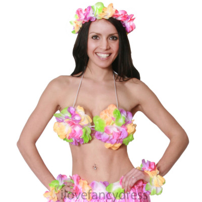 DELUXE FLOWER BRA HULA GIRL FANCY DRESS COSTUME