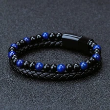 Men's Leather Braided Bracelet Obsidian Lapis Lazuli Stone Bracelet Magnetic