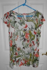 H&M, white/floral colorful, short flutter sleeve,  100% viscose, T-shirt. Size L