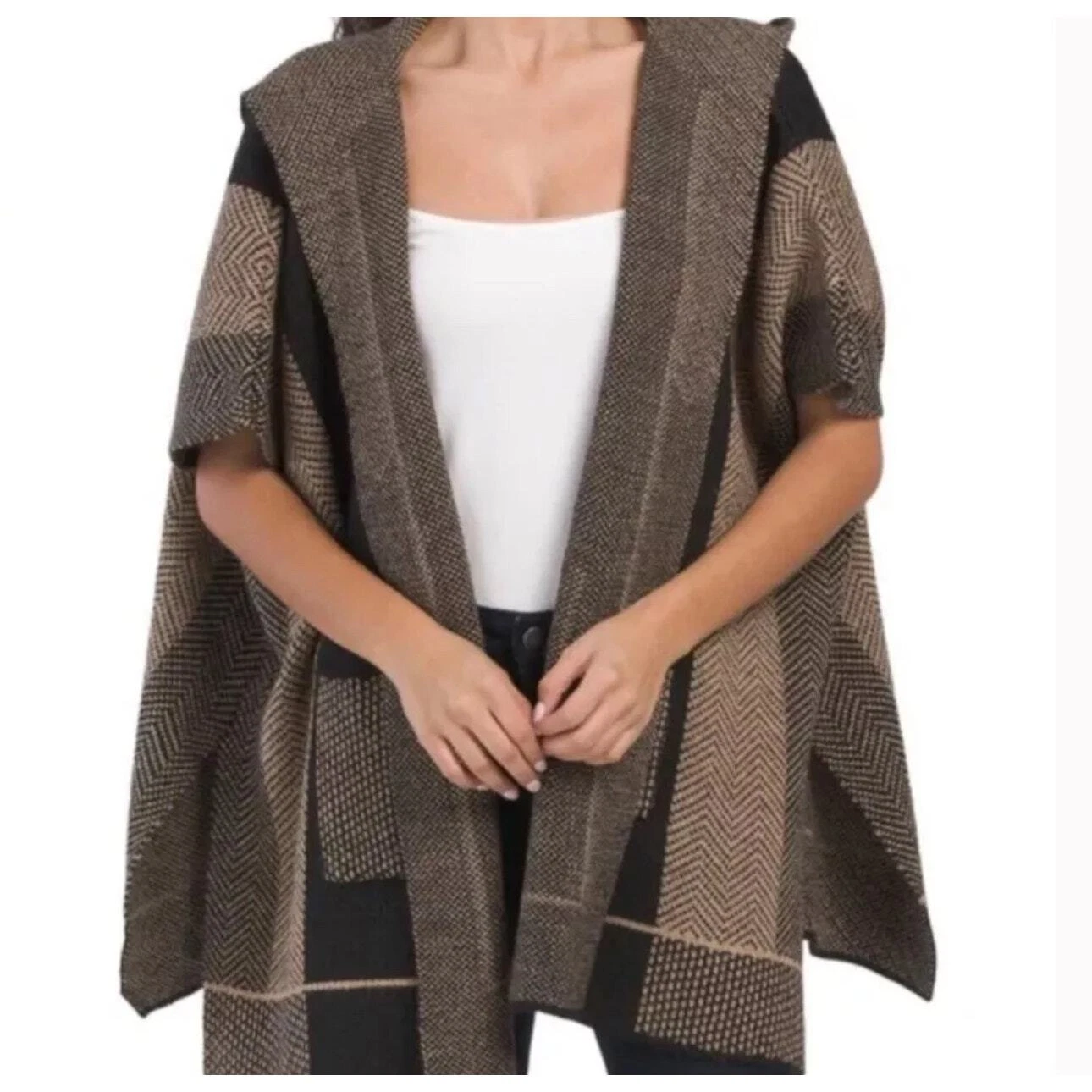 COCO GIO Made In Italy Color Block Ruana Wool Blend Poncho Black Camel Hooded