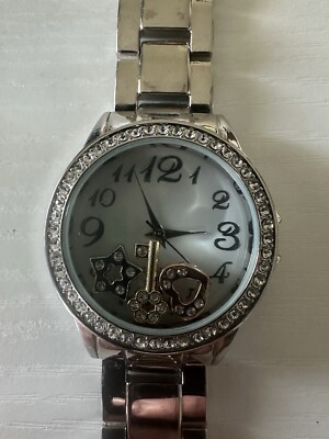 BWC Ladies Wrist Watch Silver Tone Faux Gold Crystal Floating  ️  Charms