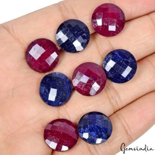 Certified 109.80 Cts/8 Pcs Natural Red Ruby Blue Sapphire Round Checker Cut Gems - Afbeelding 2 van 5