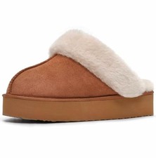Fuzzy Platform Slippers for Women Super Soft Fur Slippers Cozy Warm 8 Chestnut