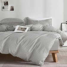 100 Cotton Classic Striped Queen Duvet Cover Set Grey Breathable Softness