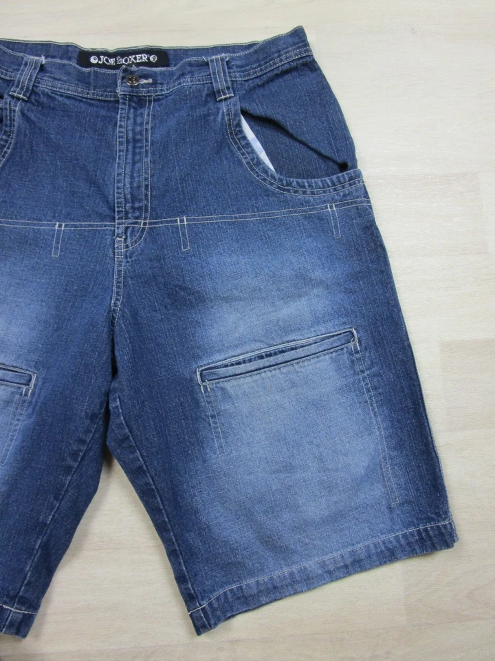"Pantalones cortos de jean vintage Y2K Joe Boxer 8 bolas lavado oscuro holgados de mezclilla patinador cintura 35""" Foto 4 de 4
