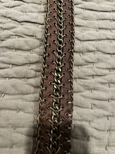 Unisex Leather, Antiqued 40”Brass Chain And Leather Stitching Belt, Boho, Heavy