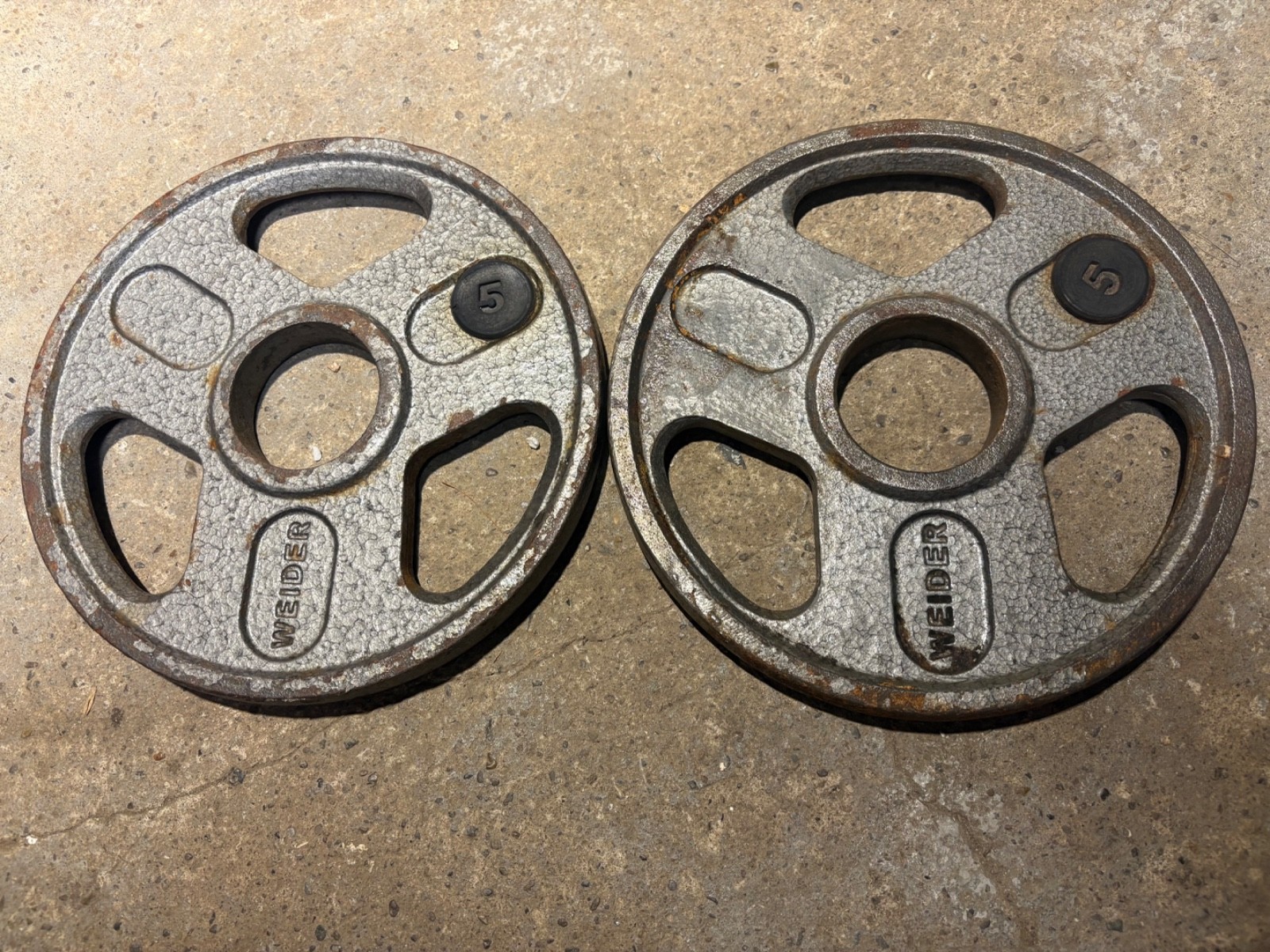 Lot Of 2 Weider 5 Pound Olympic Grip Style Barbell Weight Plates