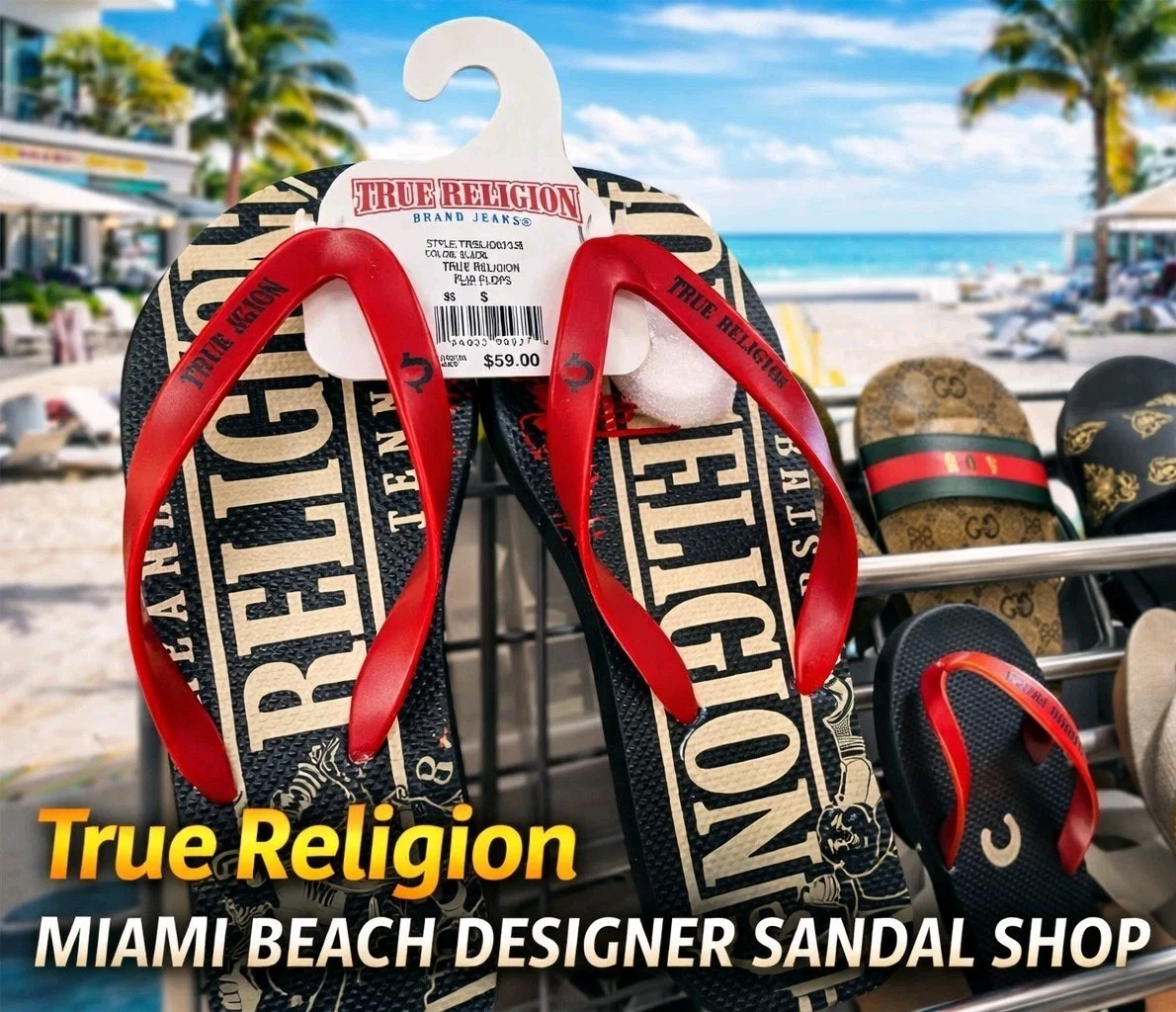 🔥 True Religion Flip Flops Sandals Red Black Logo Mens Size S NWT