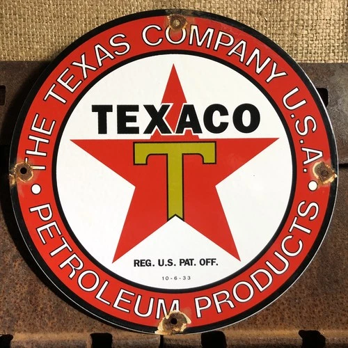 VINTAGE 1933 DATED TEXACO GASOLINE PORCELAIN SIGN GAS STATION PUMP MOTOR OIL