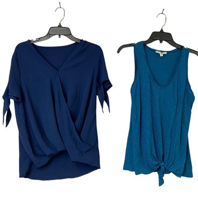 Lot of 2 Express One Eleven Womens Medium Blue V Neck Short Sleeve Top Tank Tops
