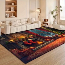 1Pc Christmas Fireplace Window Rug - Cozy Flannel Anti-Slip Floor Mat With Fest