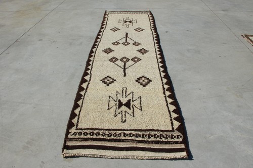 3,2x11,7 ft Vintage Herki Rug, Brown Moroccan Turkish Wool Rug