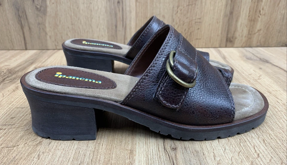 Sandalias Ipanema De Colección Tacón Grueso Deslizables Punta Lazo Hebilla Cuero Marrón Y2K Boho 9M Foto 2 de 4
