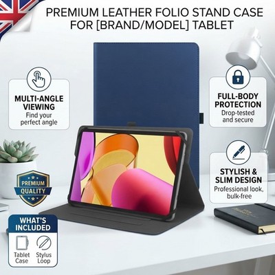 Stilvolle marineblaue Folio-Hülle für 9-11 Zoll Tablets - Ständer & integrierter Stifthalter