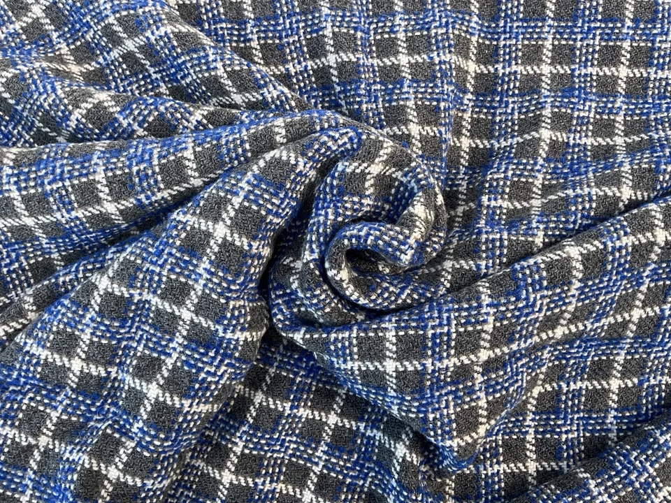 WOOL - CASHMERE BOLD CHECK GREY-BLUE-WHITE TONES LUXURY FABRIC MADE IN ITALY C48 - Image 3 of 4