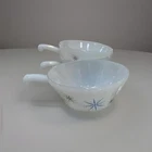 3 Vtg Fire King Blue Atomic Starburst Soup Bowls With Handle Mcm Milk Glass Mint