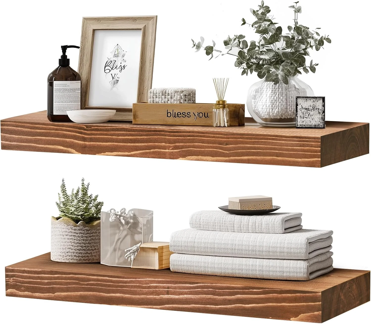 Rustic Brown Floating Shelves Set of 2 - Solid Wood Wall Mounted Decor