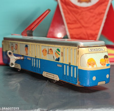 VINTAGE TROLLEY TRAIN STADION TIN WIND UP TOY MSB VEB GERMANY 60's KEY WORKS