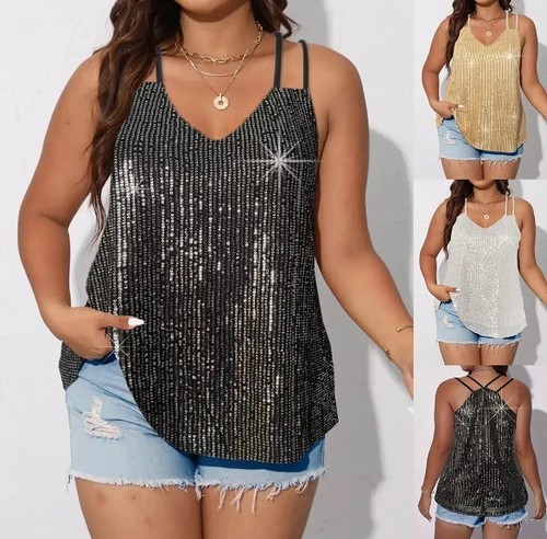 Womens PLUS SIZE Strappy Vest Tops Sparkly Sequin Loose Party T-shirts Tank Cami
