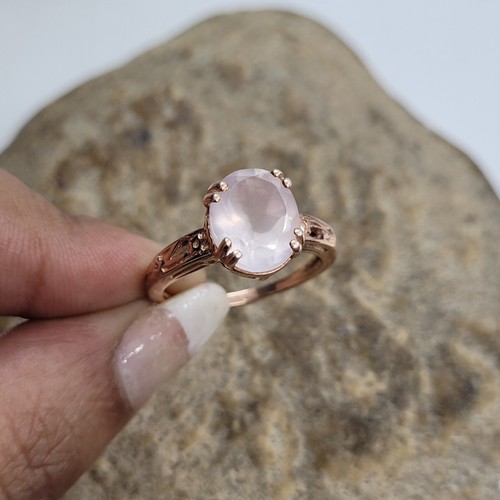 Elegant Rose Quartz Engagement Ring Oval Cut 925 Sterling Silver Statement Ring - Picture 8 of 9
