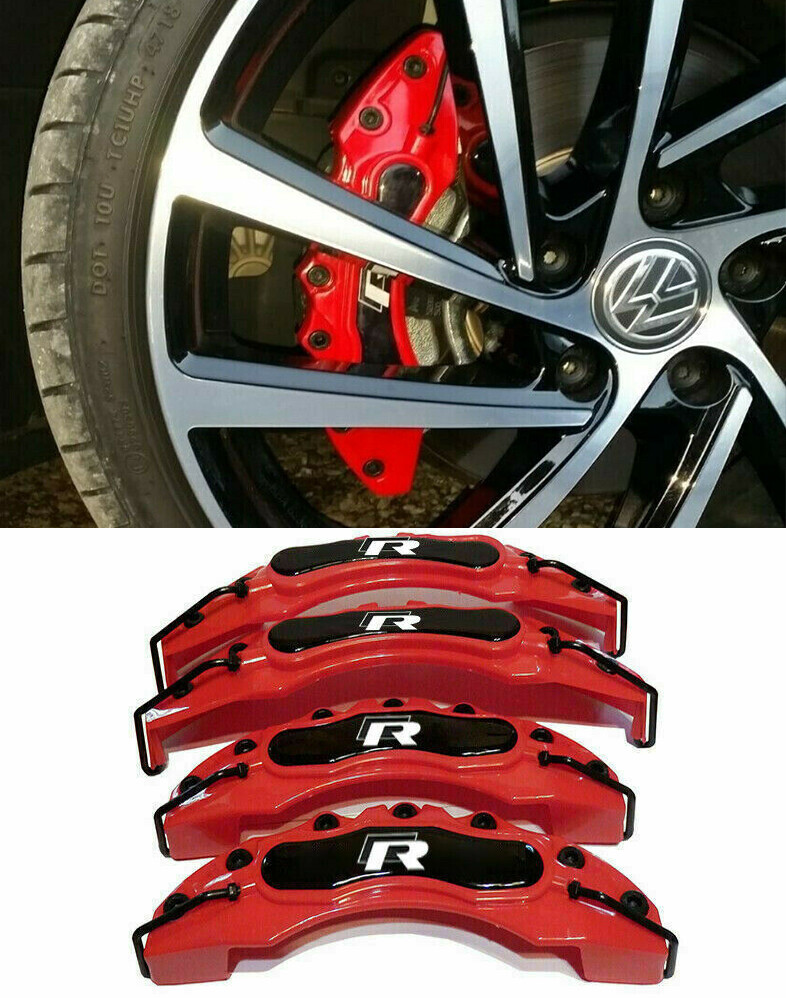 VW SET 4x COVER COPRI PINZE FRENI ROSSO ANTERIORI & POSTERIORI LOOK...