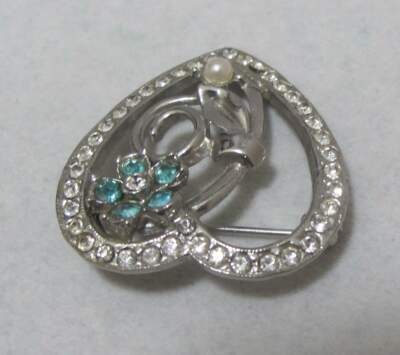 Lovely Vtg Channel-Set Rhinestone Open HEART Brooch Aqua Blue
