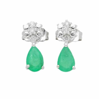 Ohrstecker 9 Karat Weißgold Birnenschliff Smaragd & Diamant (4 x 12 mm)