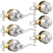 Probrico 3Pack Entry Door Handle Lock Set Wave Lever Keyed Alike Single Deadbolt