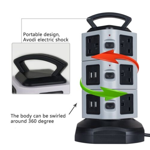 Socket Tower Mains Power Extension Lead 10 Way 4 USB Ports Adaptor Plug 2M Cable - Picture 6 of 9