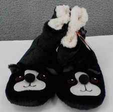 Joe Boxer Plush Bootie Slippers Womens SZ 4-10 Black White Dog Polar Fleece NWT