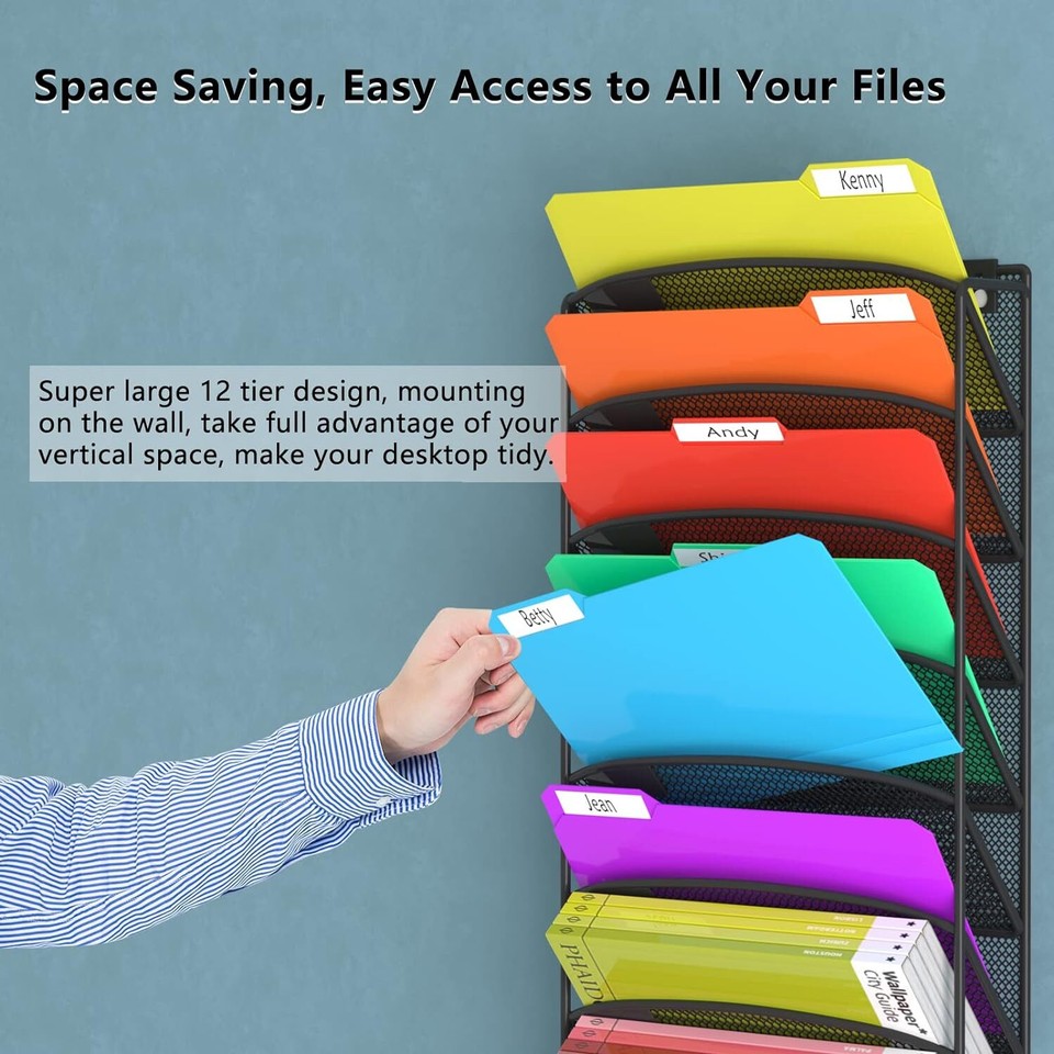 12Pocket Hanging Wall File Organizer, Wall Mount Paper Folder Holder