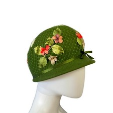 Vtg 50s Green Wool Felt Cloche Hat Floral Velvet Glenover Flapper Style JS