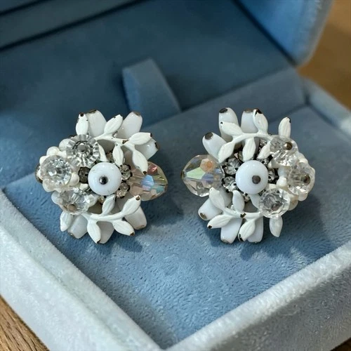 Vintage Signed Vendome Clip On Earrings White Milk Glass Enamel Bead Cluster