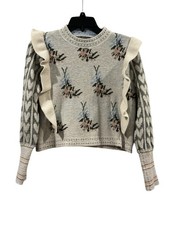 Sunday Up Floral Heart Ruffle Crewneck Knit Sweater Women  s Medium Cider