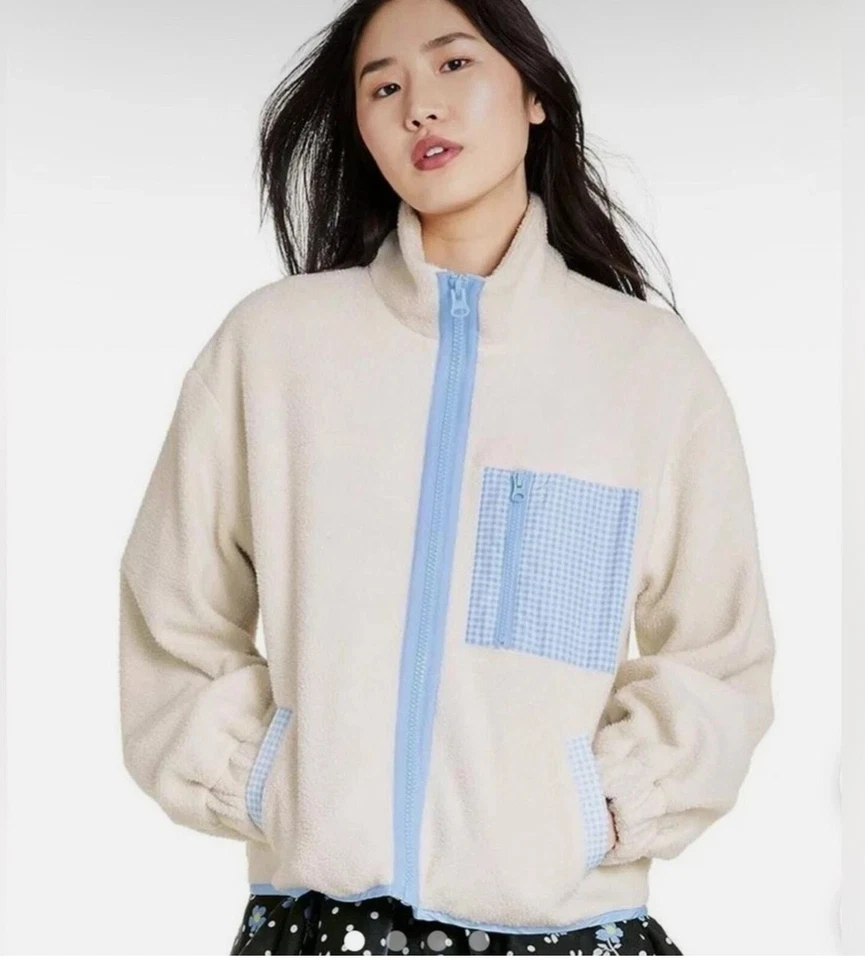 Women's Sandy Liang x Target  Sherpa Fleece Jacket Birch Blue Gingham Pocket L - Image 2 of 4