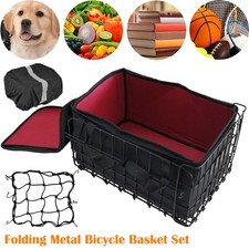 Bike Basket Metal Back Folding Bicycle Basket Black w/ Detachable Lining Bag