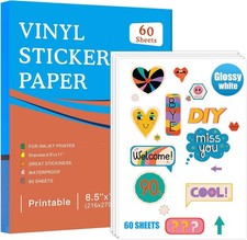 Premium Printable Vinyl Inkjet Stickers -60 Sheets Glossy White 8.5x11 Inch S...