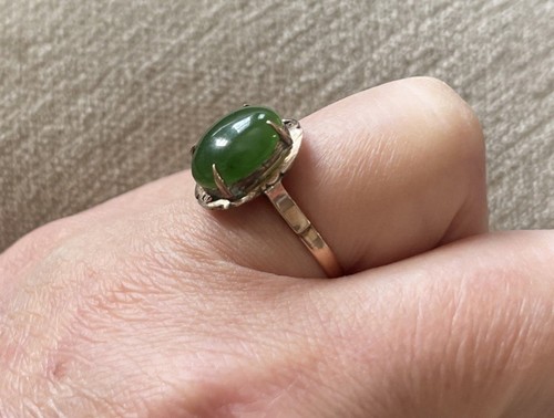 Vintage 18k Solid Yellow Gold Green Jade Filigree Ring Size 6.75 - 2.6g - Picture 2 of 12