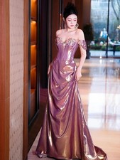 Purple Evening Party Dresses Satin OffShoulder Beaded Light Luxury Mermaid Dress