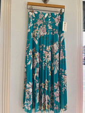 ORLY Womens Teal Floral Pleated Long Skirt Polyester Pull On Boho Made in France