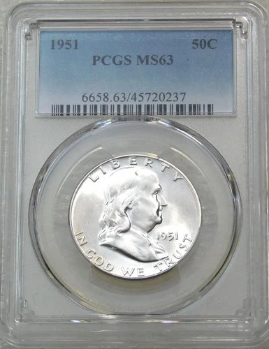 1951 P Franklin Half Dollar PCGS MS63 95% FBL Frosty White PQ New Holder #K406E