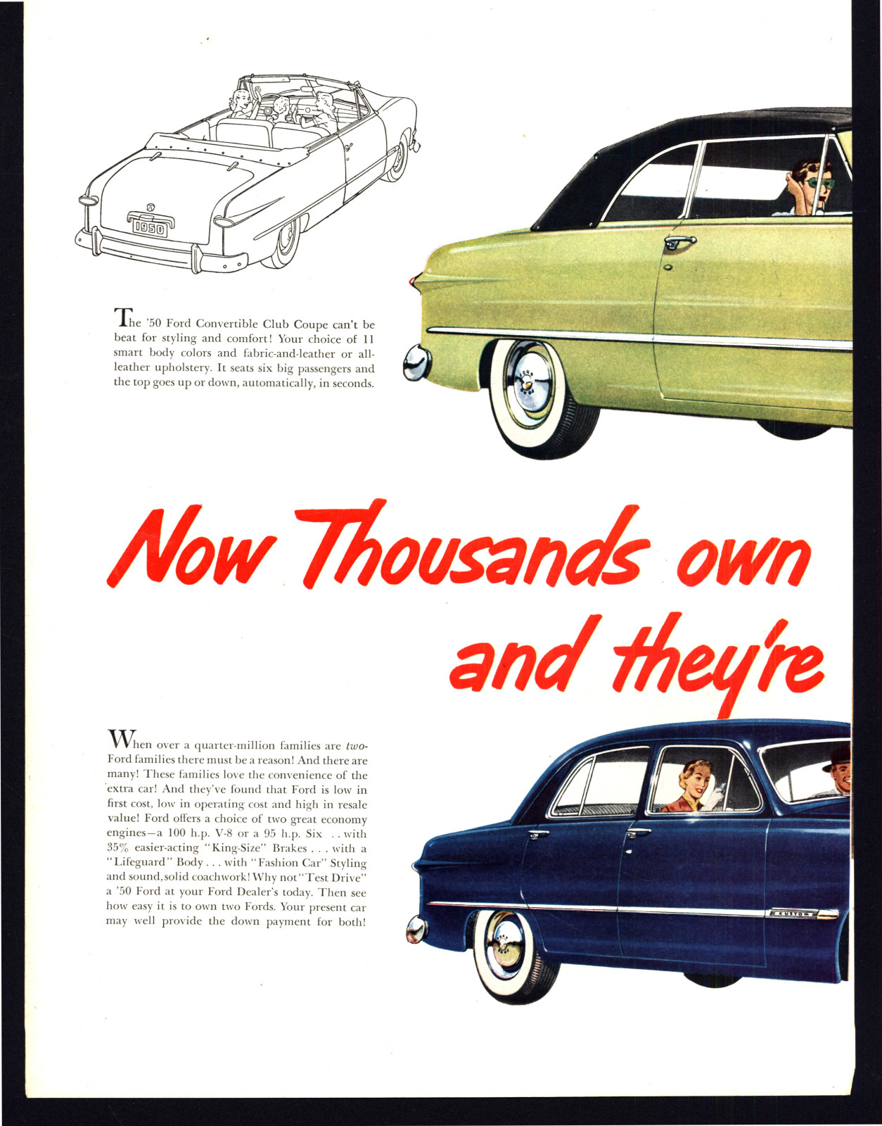 1950 FORD CONVERTIBLE CLUB COUPE FORD CUSTOM DELUXE 2-PAGE VINTAGE PRINT AD