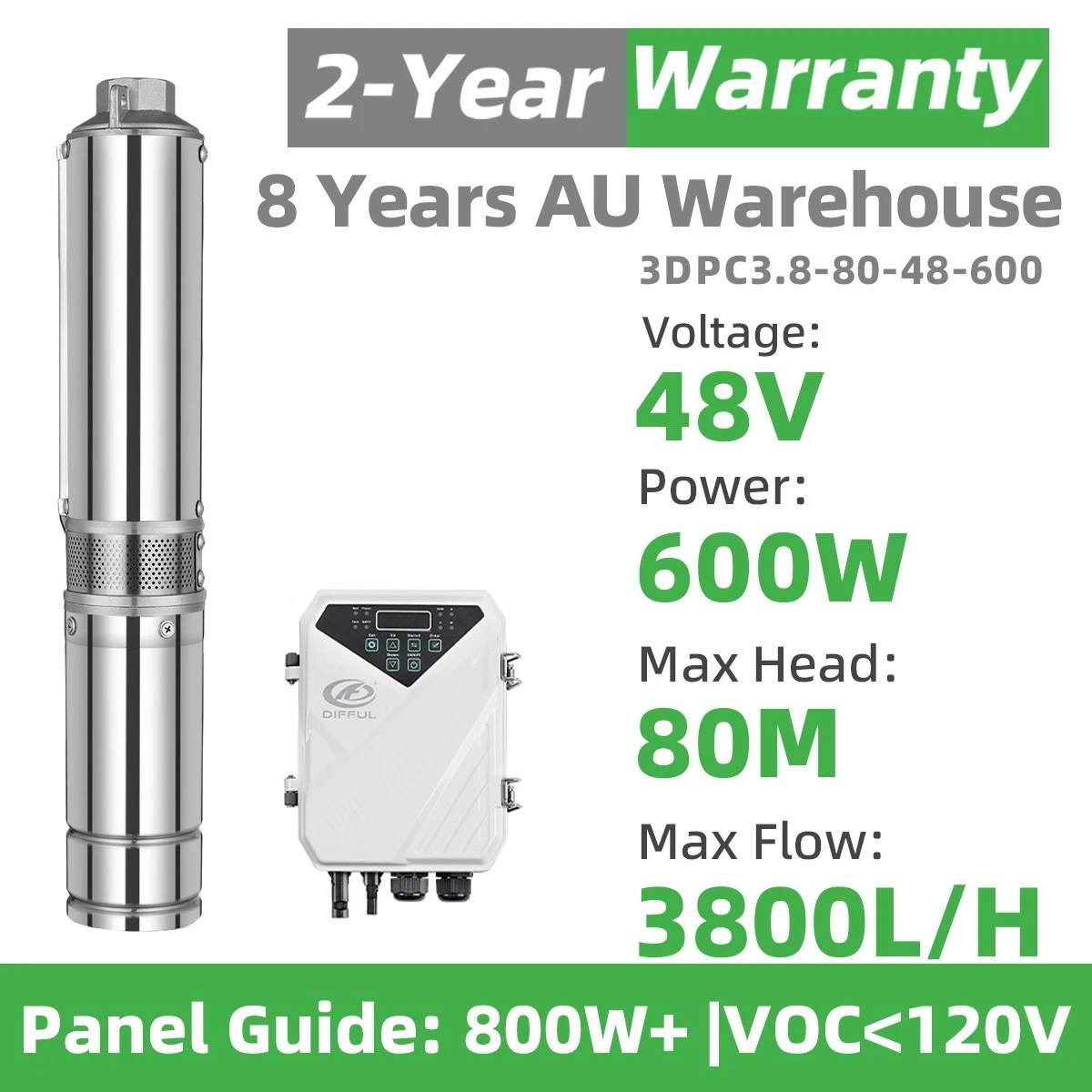DIFFUL 3” DC Deep Well Solar Water Pump 48V 600W Bore Hole Submersible MPPT
