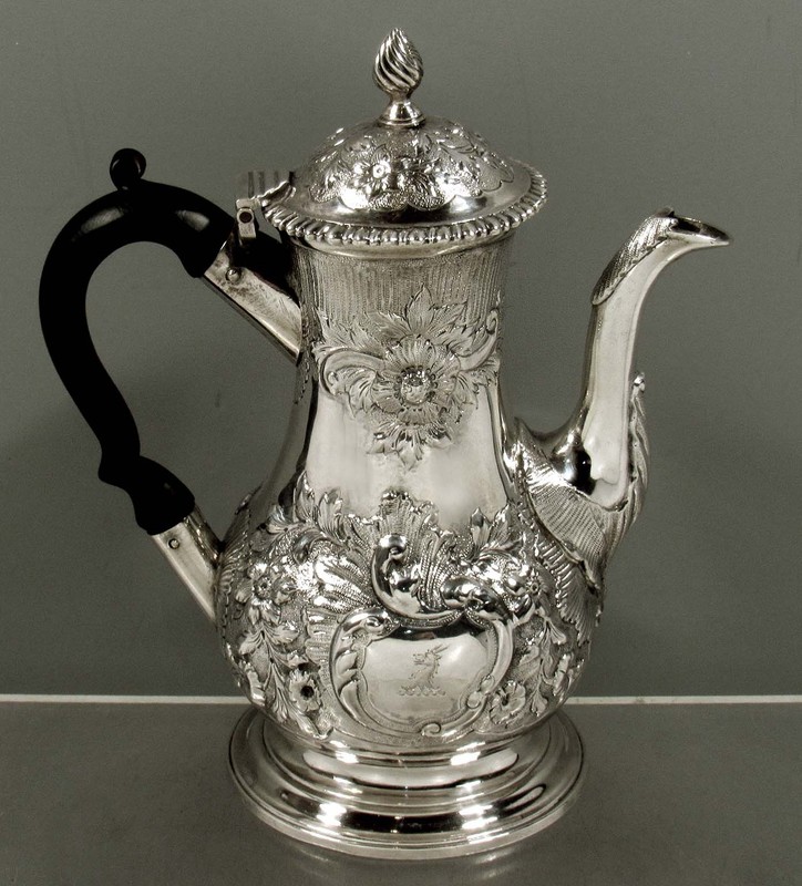 English Sterling Silver Coffee Pot   1773 JOHN SCHOFIELD / GEORHE IV